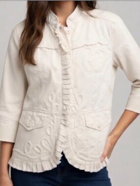 DKNY Jeans Off White Embroidered Ruffle Cotton Blazer